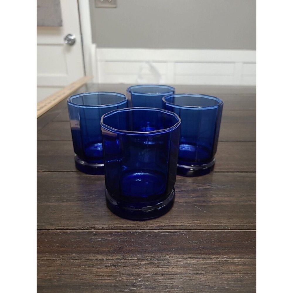 Vintage Set Of 4 Anchor Hocking Cobalt Blue Essex  Double Old Fashioned Glasses